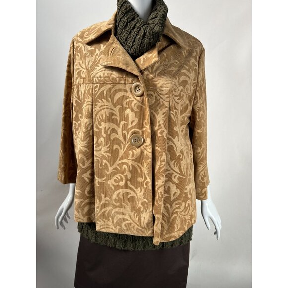 R.Q.T. Womens 1X Printed Corduroy Jacket Button Closure Beige & Brown Polyester - Picture 10 of 16